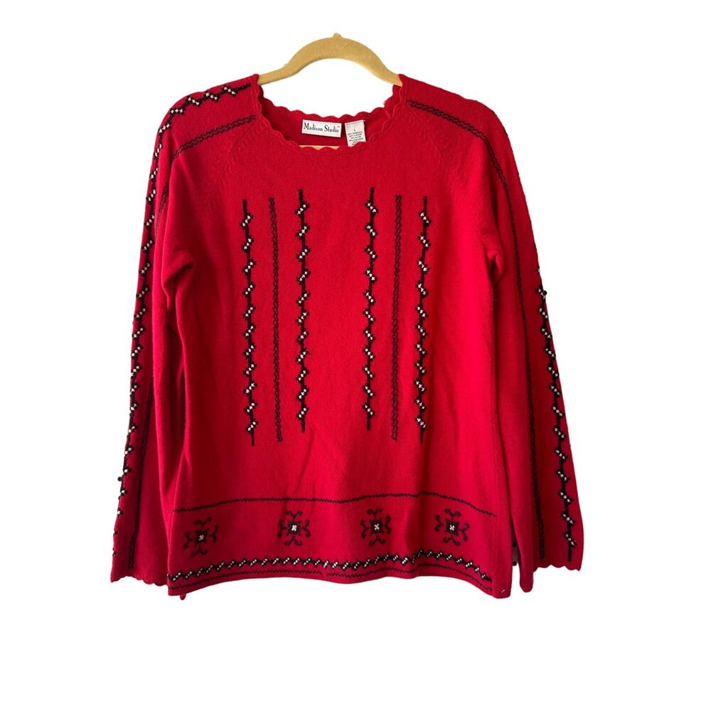 Madison Studio Red and Black Lambswool Cashmere Embroidered Sweater